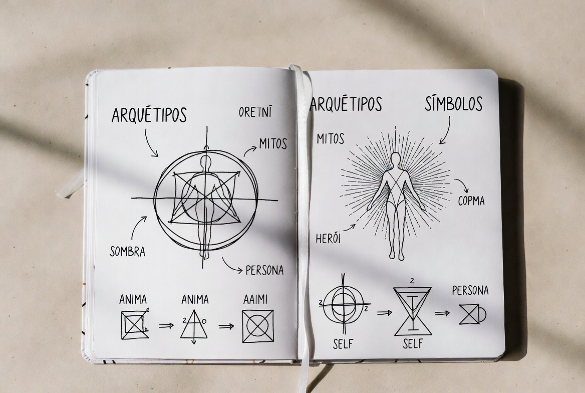 Caderno com desenhos simbólicos e anotações