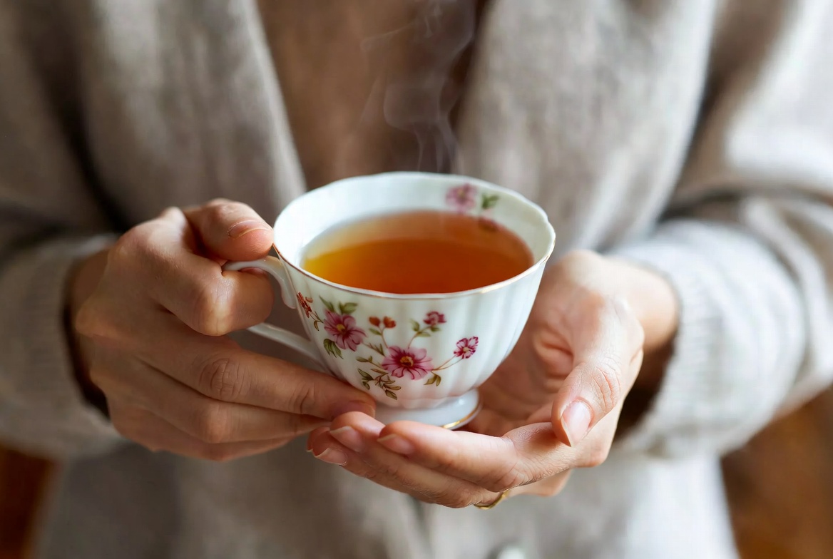 Mãos segurando xícara de chá - sensação de conforto e calma