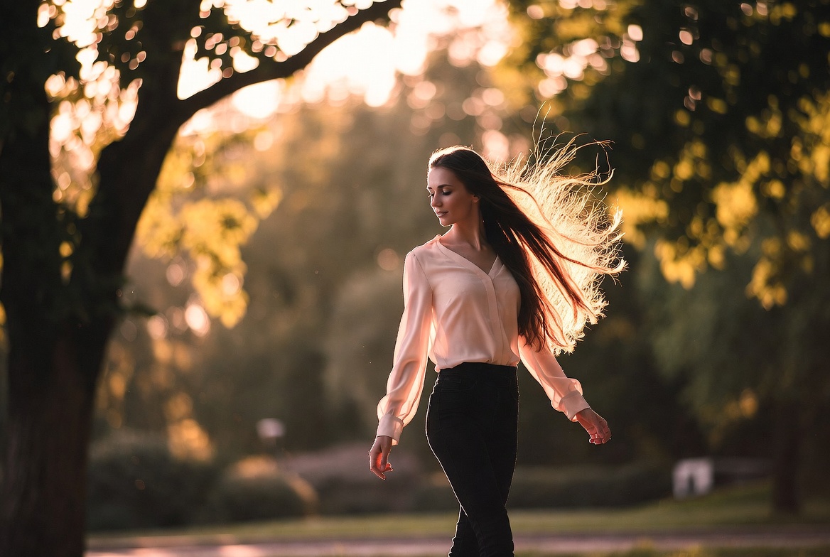 Mulher caminhando em paz ao entardecer